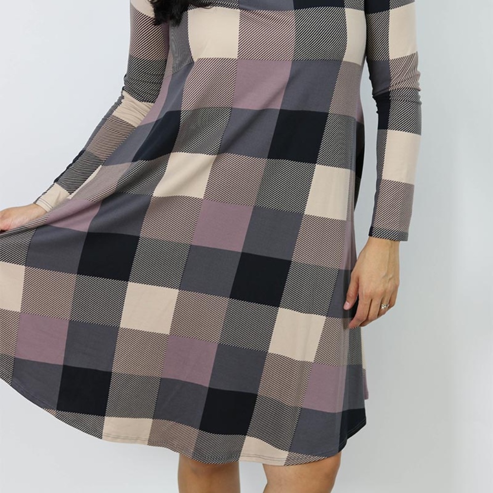 Checker Taupe Swing Dress— Super Cute!